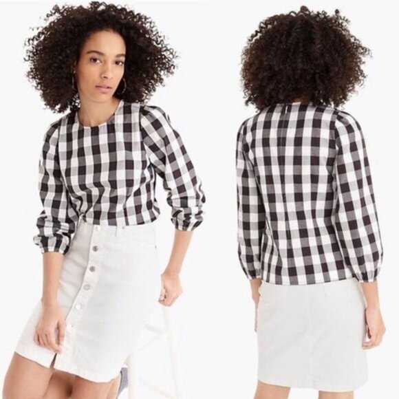 NWOT J Crew Puff Sleeve Top Oversized Gingham 0 Black White Plaid L2002 - Picture 1 of 11